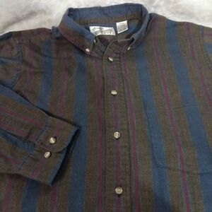 Vintage Sears Roebuck Men Large Blue Brown Striped Button Down Shirt Long Sleeve